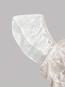 Pitira Vestido de encaje elegante con tirantes finos, ajustado, con mangas con volantes, espalda descubierta, cuello con lazo y textura, de largo medio, para niñas preadolescentes, adecuado para primavera/verano, dama de honor - Blanco - Ver 3