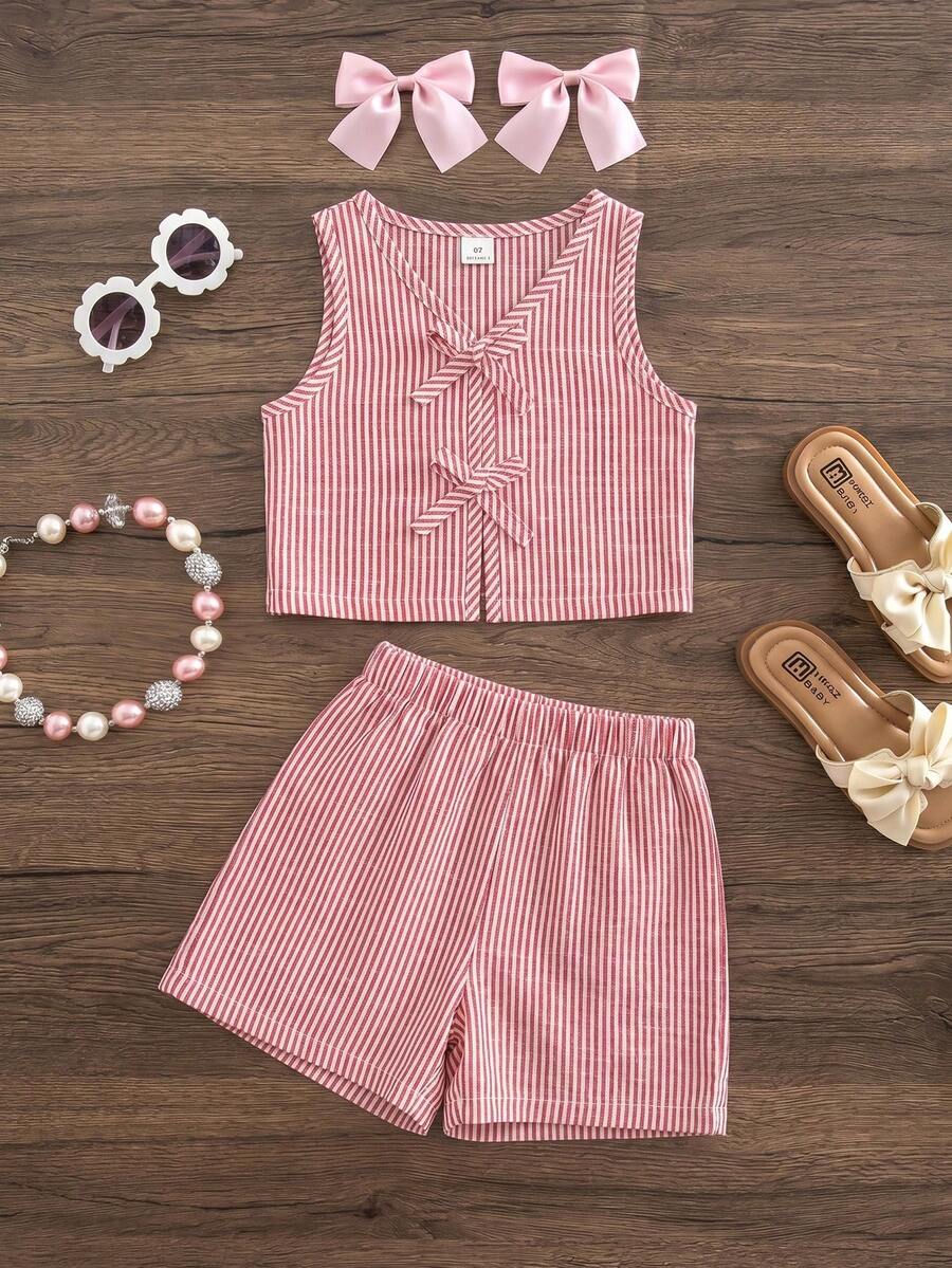 Emery Rose Kids Emery Rose Kids 女童可爱条纹休闲背心套装 - 紅白色 - 查看 1