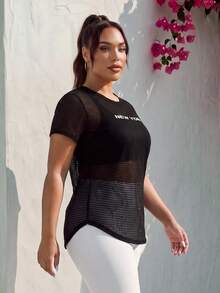 EMERY ROSE CURVE Áo thun thể thao lưới họa tiết chữ Plus không có áo ngực dành cho nữ tập gym - màu đen - Xem 7