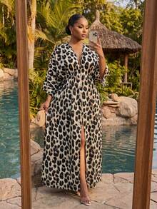 SHEIN Lady CURVE 大码女式豹纹开衩宽松连衣裙 - 彩色 - 查看 3