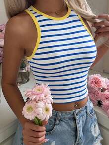 SHEIN EZwear Marineblau & gelb gestreiftes figurbetontes Trägershirt mit Rundhalsausschnitt, lässiger minimalistischer Stil, geeignet für Sommer, Urlaub, vielseitig einsetzbar - Verschiedenfarbig - Übersicht 4