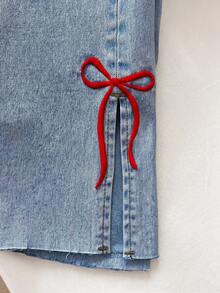 Elamini Mid-Rise Red Embroidered Bow Washed 7/8 Length Jeans - Medium Wash - View 4