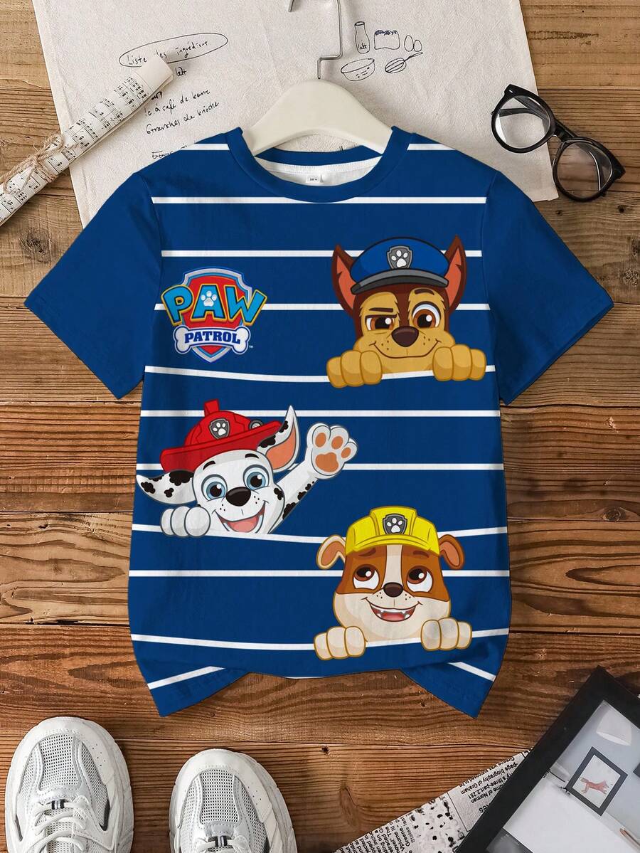 SHEIN | PAW Patrol Áo thun ngắn tay in hình hoạt hình kẻ sọc, thích hợp mặc hàng ngày cho bé trai, mùa hè. - trắng - Xem 1