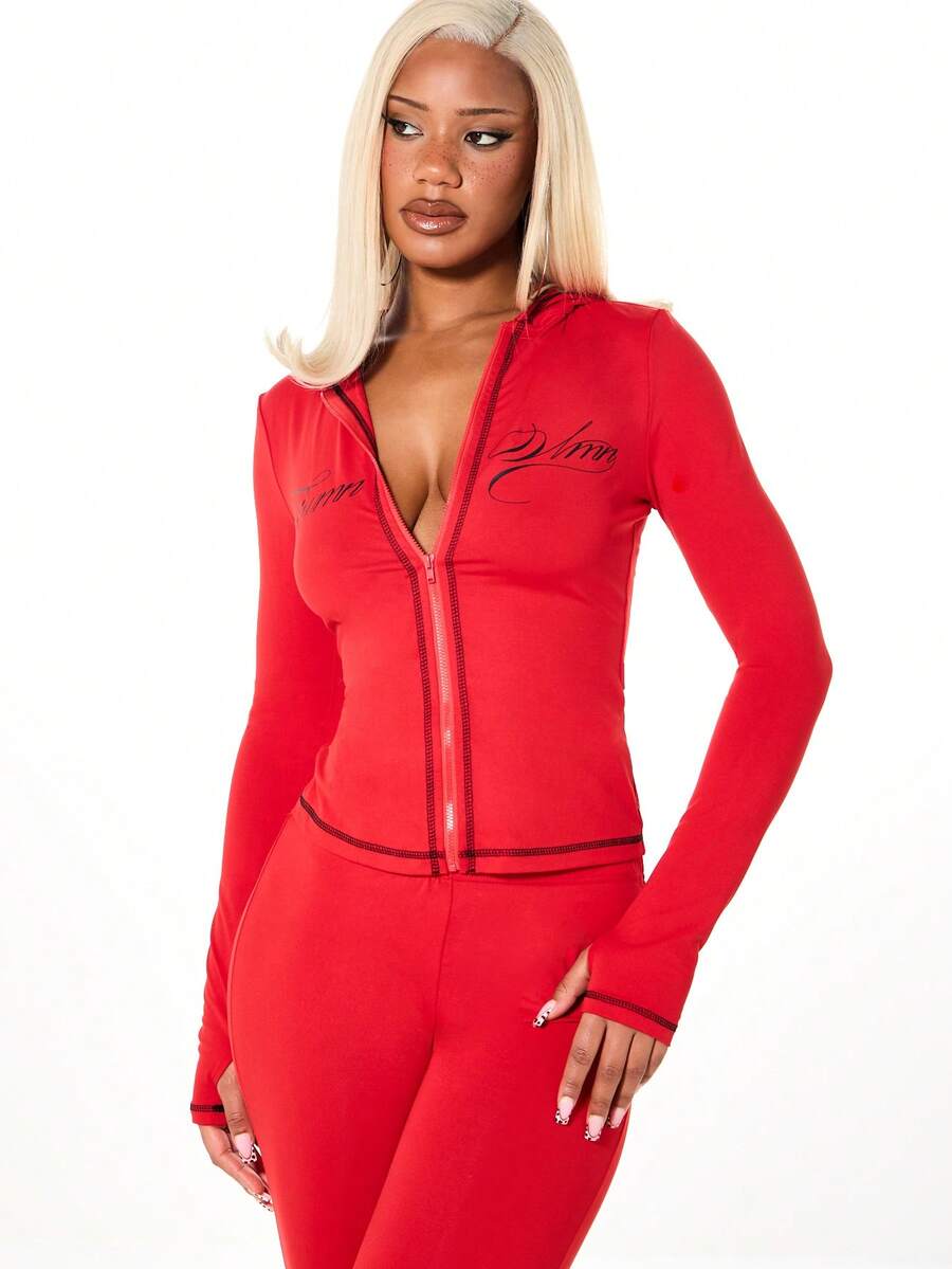 SUMWON WOMEN Crop Fit Slim Fit Zip Through Graphic Hoodie With Contrast Stitching And Cursive Script Print Detail Comfortable Long Sleeve - Red - View 1