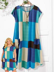 Rusticease Plus Size Women Plaid Round Neck Loose Casual Dress With Dual Pockets Summer Outfits Clothes Spring Outfit Clothing Country Style For - Mint Green - View 1