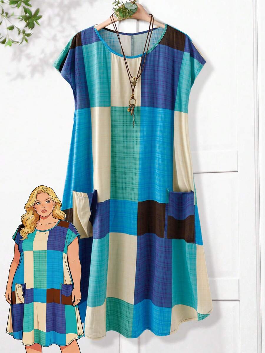 Rusticease Plus Size Women Plaid Round Neck Loose Casual Dress With Dual Pockets Summer Outfits Clothes Spring Outfit Clothing Country Style For - Mint Green - View 1