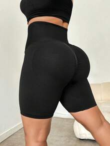 SHEIN Sports Plus Size Sweating Waist Sport Shorts - Black - View 4