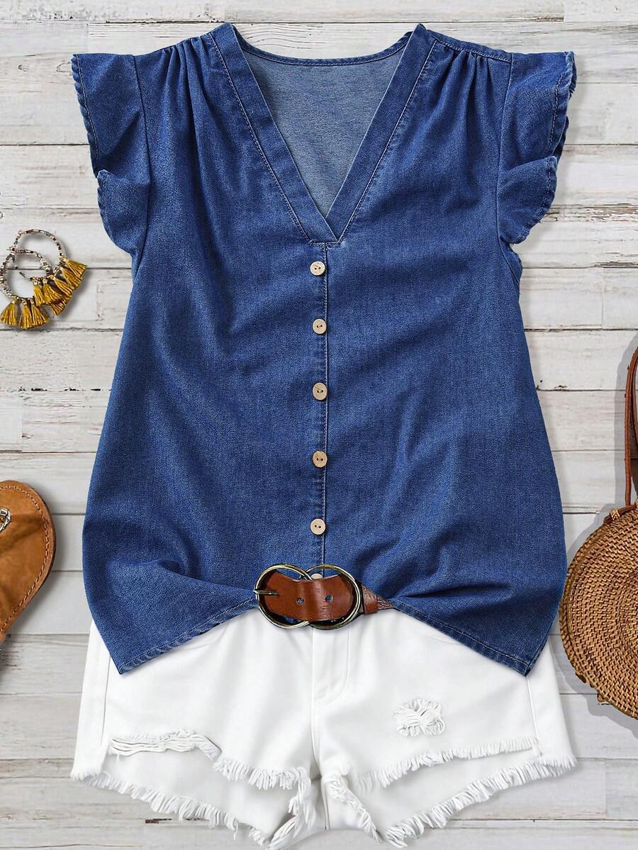 SHEIN LUNE Washed Denim Shirt Top With Playful Ruffle Sleeves Summer Tops For Women Going Out Tops Women - Light Wash - View 1