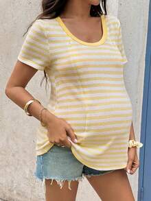 SHEIN Áo cho con bú tay ngắn cổ tròn kẻ sọc kiểu dáng thường ngày - Màu vàng - Xem 2
