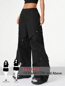 SHEIN Tall CURVE 大码女式Y2K风格侧褶铆钉工装裤，适合夏季和度假穿着 - 黑色 - 查看 10