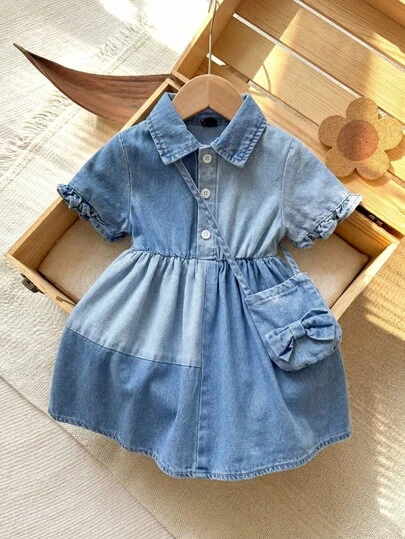 Đầm sơ mi tay bồng phối màu xuân hè cho bé gái kèm túi phụ kiện.