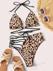 SHEIN Swim Summer Beach Leopard Halter High Waisted Bikini Set - Multicolor - View 5