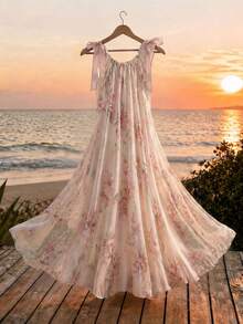 SHEIN Franclia Đầm hoa lãng mạn cho kỳ nghỉ hè, đầm dài màu hồng họa tiết hoa, đầm chữ A xòe rộng họa tiết hoa cho nữ. - Nhiều màu - Xem 3