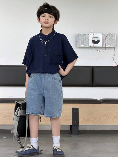 Dazy Kids 男童基础款弹力腰牛仔短裤，大码