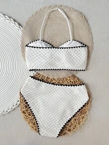 SHEIN Bộ đồ bơi Tankini cho bé gái tuổi teen, màu be với họa tiết zigzag và vỏ sò màu đen, áo hai dây dệt kim và quần short, trang trí khóa kim loại, thiết kế khoét rỗng, thích hợp cho bơi lội, kỳ nghỉ, đồ mặc đi biển mùa hè, đồ bơi trẻ em, kỳ nghỉ hè. - Màu be - Xem 2