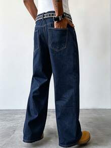 Manfinity EMRG Men's Straight Leg Slogan Print Jeans - Black - View 2