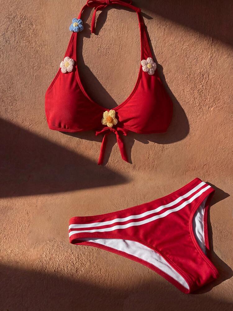 Women's Summer Beach 3D Floral Decor Halter Tie Sexy Bikini Swimsuit Set