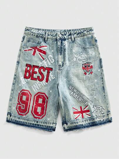ROMWE MEN Grunge Punk Quần short denim nam dáng rộng, in chữ, có túi xéo, kiểu dáng thường ngày.
