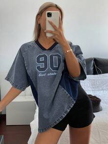 DAZY Blouse en jean à manches courtes et col rond style coréen décontracté pour femmes, petite taille, été - Bleu azur - Voir 8