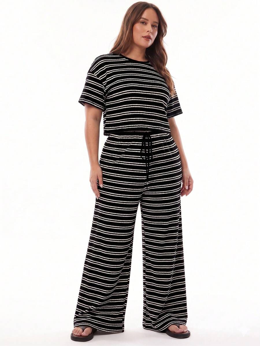 Plus Size Red Striped T-Shirt And Pants Casual 2 Pieces Set, Summer - Black - View 1