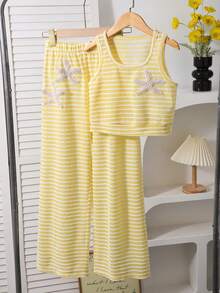 Tween Girls Casual All-Match Versatile Nordic Style Comfortable Knit Sleeveless Cropped Tank Top + Contrast Waistband Sweatpants Set - Yellow - View 4