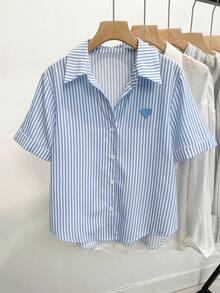 Resyla Women's Striped Print Heart Embroidery Casual Short Sleeve Shirt - Blue and White - View 3