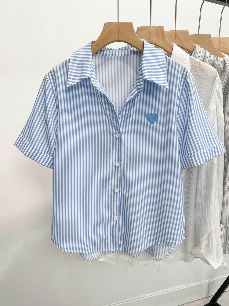 Resyla Women's Striped Print Heart Embroidery Casual Short Sleeve Shirt - Blue and White - View 3