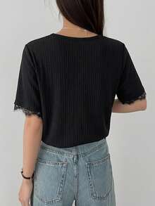 DAZY Women's Summer Round Neck Short Sleeve Lace Patchwork Casual Elegant Pullover T-Shirt Date Black - Black - View 4