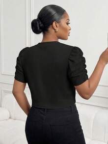 SHEIN Lady CURVE Áo khoác ngắn dáng rộng màu trơn có tay xếp ly và tay bồng, trang phục công sở thường ngày cho nữ - màu đen - Xem 2
