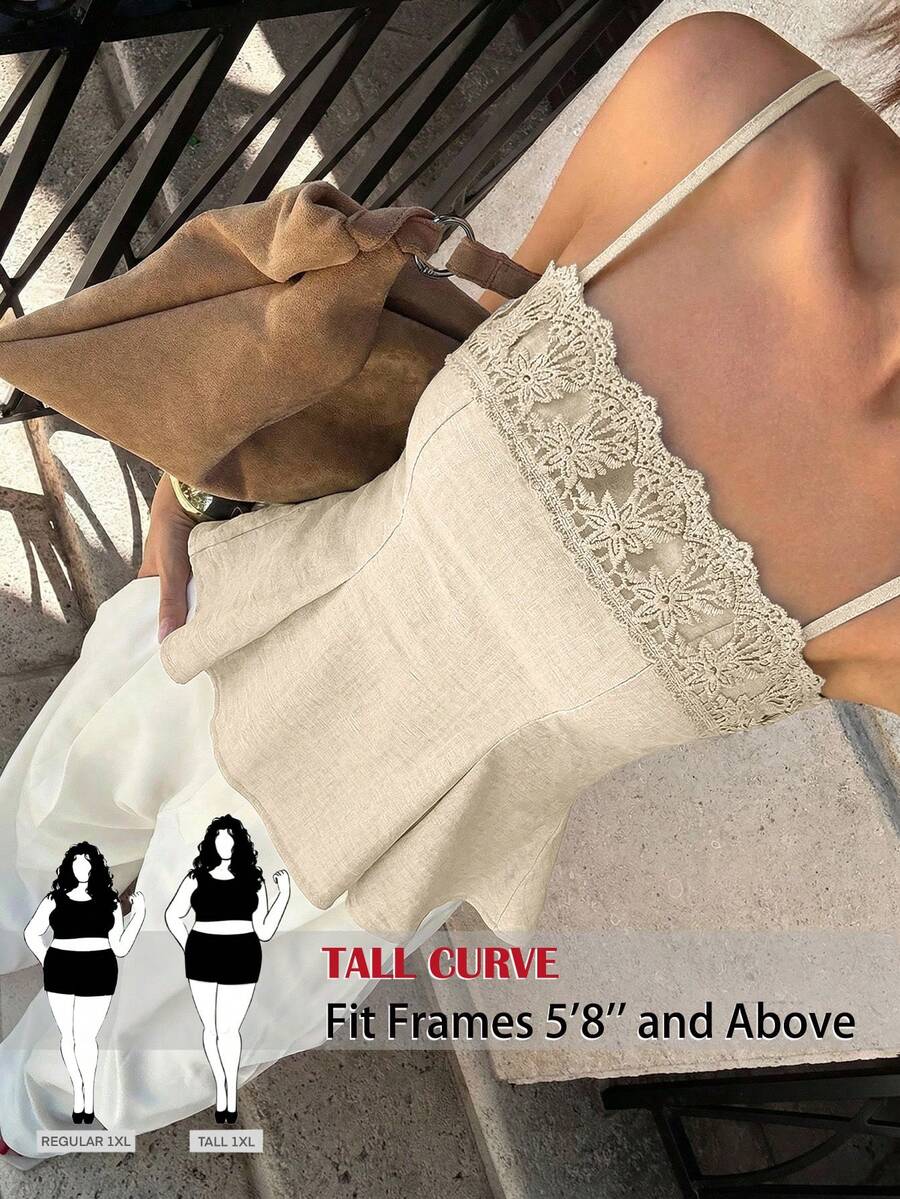 SHEIN Tall CURVE 大尺碼女款蕾絲飾邊細肩帶背心,優雅夏季米色婚禮賓客上衣,極簡方領鉤編針織襯衫,荷葉邊下擺抹胸款 - 杏色 - 查看 1
