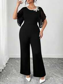 Elenzga Mono de mujer talla grande con diseño floral calado y cintura ceñida, conjunto casual para citas y salidas - Negro - Ver 3