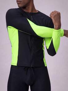 ZELFYO Men's Summer Beach Contrast Color High Neck Long Sleeve Top And Solid Color Shorts Casual Two Pieces Set - Multicolor - View 3