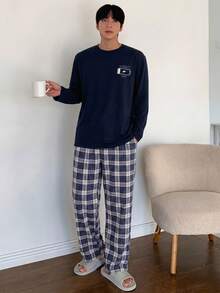 Men Letter Printed Long Sleeve Regular T-Shirt And Pants Loungewear Set - Black and White - View 1