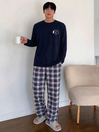 Men Letter Printed Long Sleeve Regular T-Shirt And Pants Loungewear Set