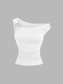 Sweetra 2pcs/Set Asymmetric Collar Fitted T-Shirt, Versatile Casual Top, Spring/Summer - Multicolor - View 3