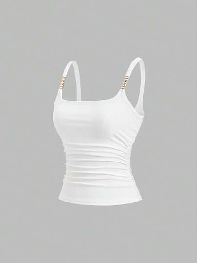 Sweetra Women's Casual Everyday Commute Minimalist Solid Color Metal Decor Pleated Slim Fit Camisole Top, Summer