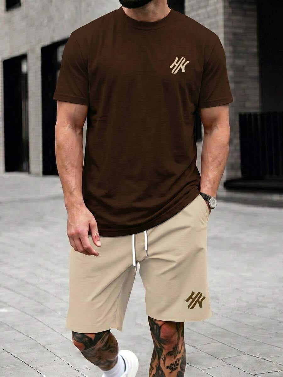 Manfinity LEGND Men's Letter Print Crew Neck Top And Shorts Set Men's Short Outfits Men's Outfit Outfit Men - Multicolor - View 1