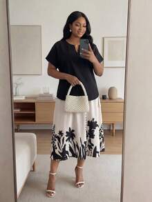 SHEIN Lady CURVE Bộ đồ 2 mảnh thanh lịch dành cho nữ cỡ lớn: Áo sơ mi ngắn tay cổ chữ V trơn và chân váy midi in hoa. - Nhiều màu - Xem 3