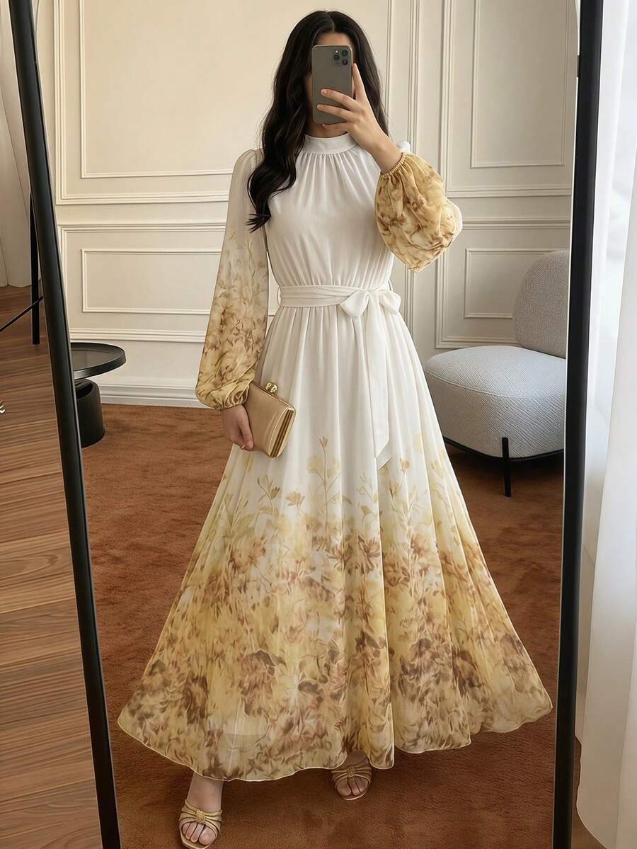 Modelyn 女士印花优雅长袖连衣裙