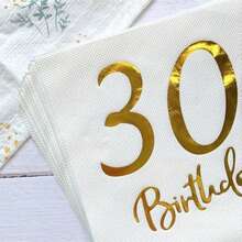 20pcs White & Gold Printed 30th Birthday Party Napkins, 6.5*6.5inch, Made Of Original Pulp, Suitable For Hotel Restaurant Bar Disposable Tableware Napkin Valentine DAY, Valentines Wedding, Birthday - Multicolor - View 2