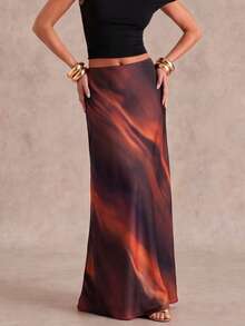 SHEIN Glamour Chân váy chữ A thanh lịch, đa năng, chất liệu satin in họa tiết, trang phục mùa hè, váy ôm sát thời trang. - màu nâu - Xem 6