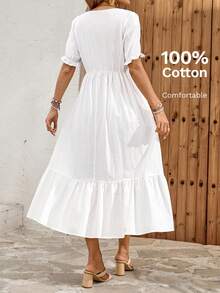 Faunlyn Women's Solid Color V-Neck Long Dress With Raglan Short Sleeves And Embroidery - 白色 - 查看 2