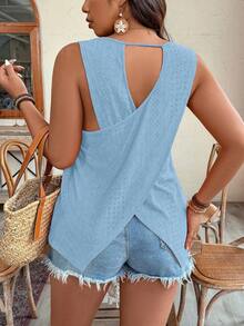 SHEIN Clasi Áo tank top nữ cỡ lớn mùa hè, kiểu dáng thường ngày, màu trơn, kiểu Schiffy, dây chéo sau lưng. - Màu xanh nhạt - Xem 6