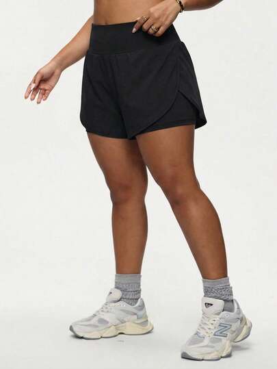 Seamluxe SHEIN Sport Quần short thể thao hai lớp cạp cao màu trơn dành cho nữ cỡ lớn