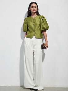 Aveloria Modichic Áo kiểu nữ thanh lịch, cao cấp, sang trọng, chất liệu giống satin, cổ tròn, cài cúc kim loại, tay cánh hoa. - màu xanh lá - Xem 4