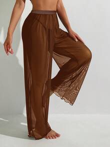 Swim Basics Pantalones anchos de cintura elástica de unicolor para mujer - Café integral - Ver 4