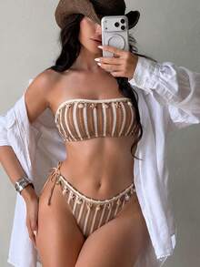 Swim Vcay Women's Elegant Vacation Beach Swimsuit Set, Halter Backless Criss-Cross Tie, Shell Tassel Texture Net Fabric, Spring/Summer/Autumn Bikini Set For Women Crochet Bikini Striped Bikini Set - Khaki - View 1