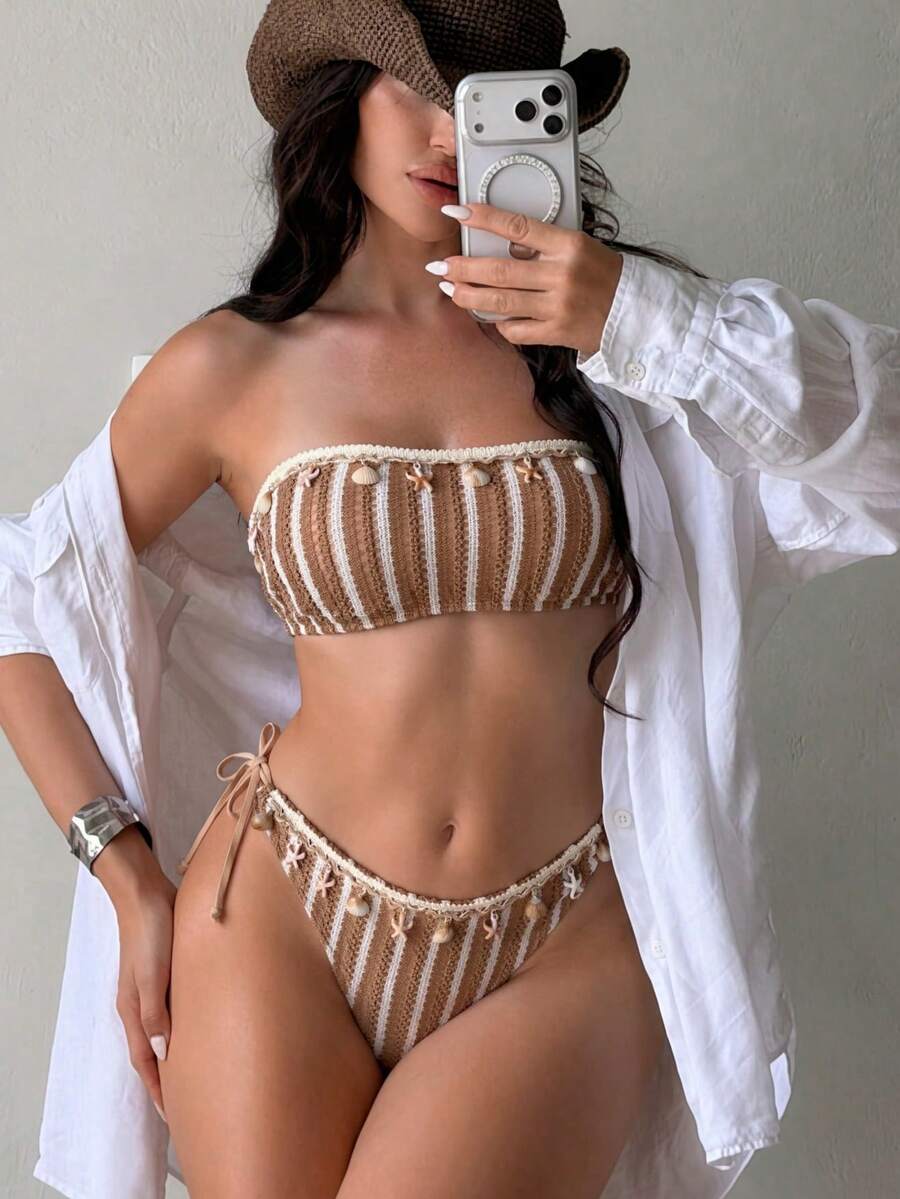 Swim Vcay Women's Elegant Vacation Beach Swimsuit Set, Halter Backless Criss-Cross Tie, Shell Tassel Texture Net Fabric, Spring/Summer/Autumn Bikini Set For Women Crochet Bikini Striped Bikini Set - Khaki - View 1