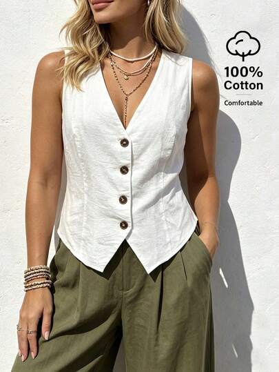 Linhara CURVE Plus Size Women V-Neck Single-Breasted Vest Shirt
