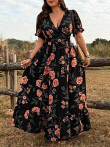 Plus Size Elegant Floral Print Dress, Suitable For Spring/Summer - Black - View 5